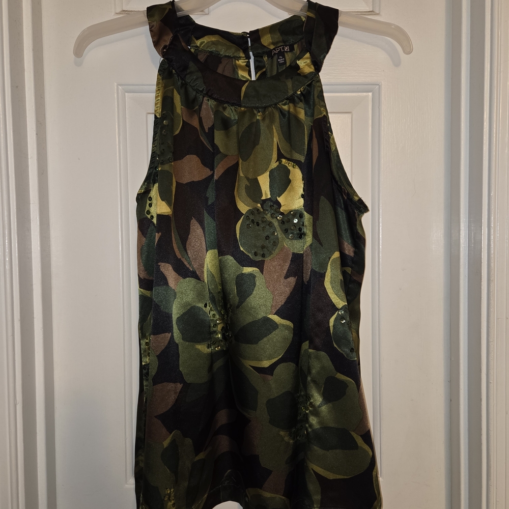 Apt. 9 Flower Patterned Sleeveless Blouse In Shades Of Greens/Browns. Size XL